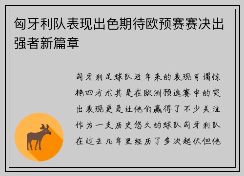 匈牙利队表现出色期待欧预赛赛决出强者新篇章